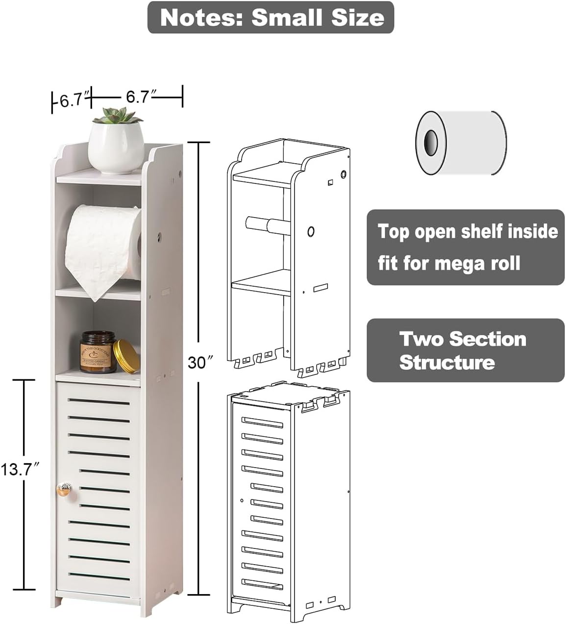 AOJEZOR Toilet Paper Holder Stand: Bathroom Storage Cabinet Beside Toilet for Small Space Bathroom with Toilet Roll Holder - White