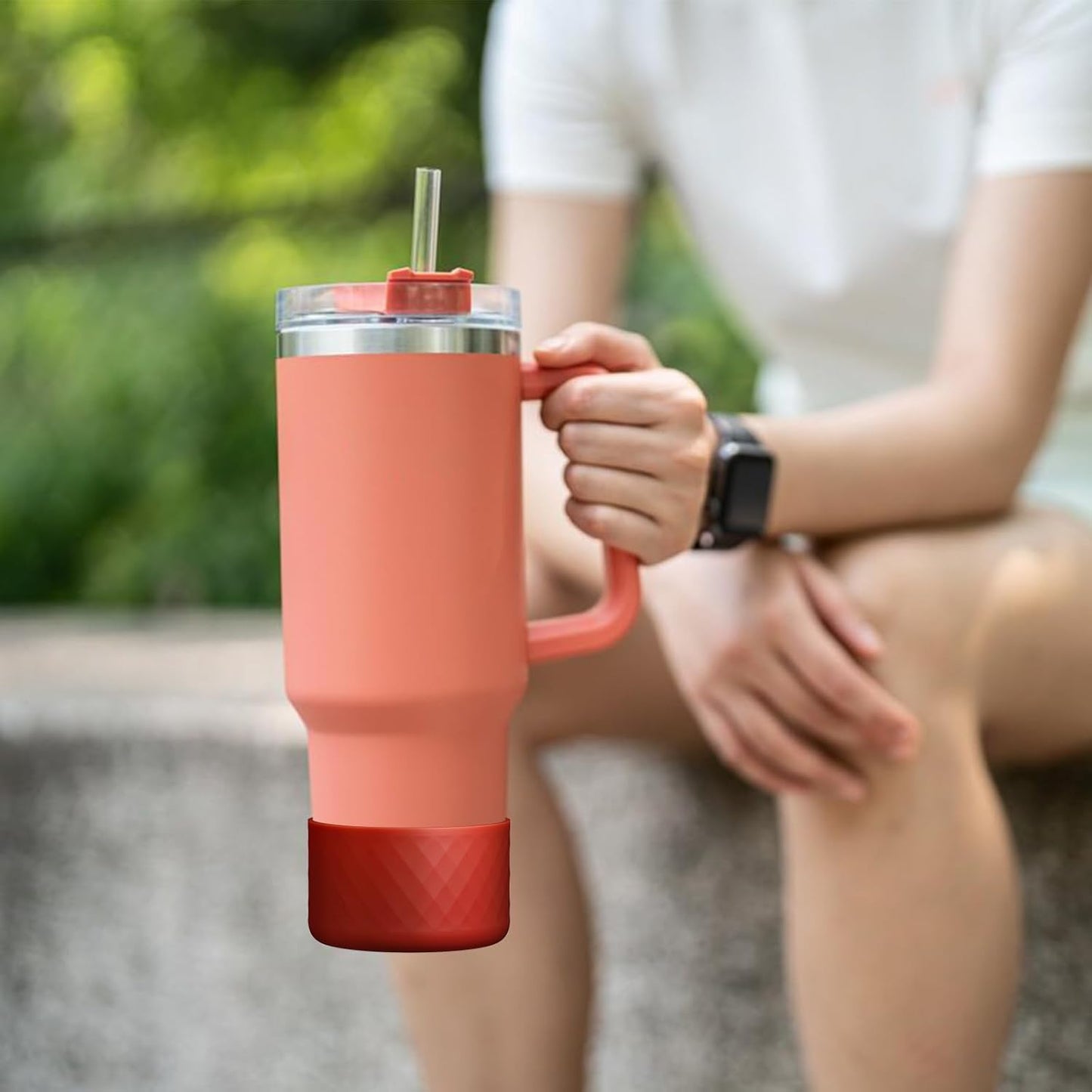 Upgrade 2PCS Protective Silicone Boot Bumper for Stanley Quencher Adventure 40oz 30oz IceFlow 20oz 30oz Tumbler, Water Bottle Bottom Sleeve Cover Accessories for Stanley Mug Cup(Dark Red)