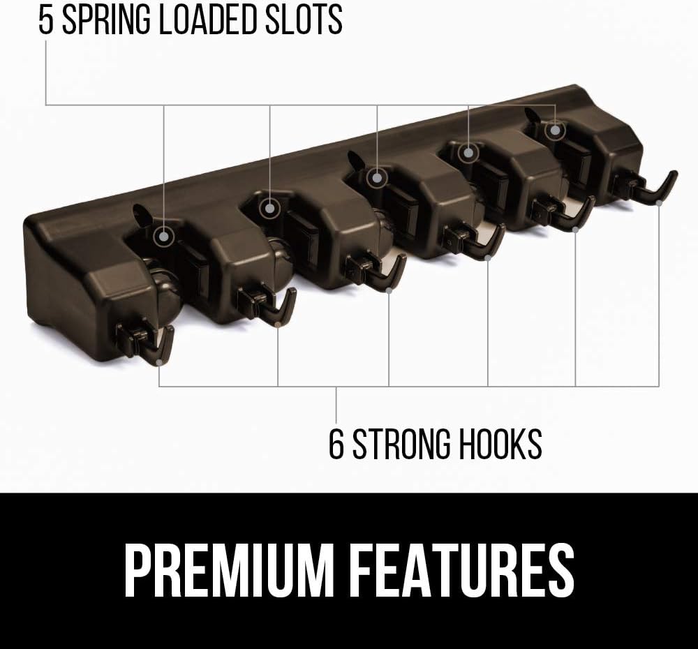 GORILLA GRIP Wall Mount Hook Fixture, Also Includes Slots to Hold Mop, Broom, Tools, Easy Install, Organize Cleaners, Tools, Home, Kitchen, Garage, 6 Hooks 5 Slots, Brown
