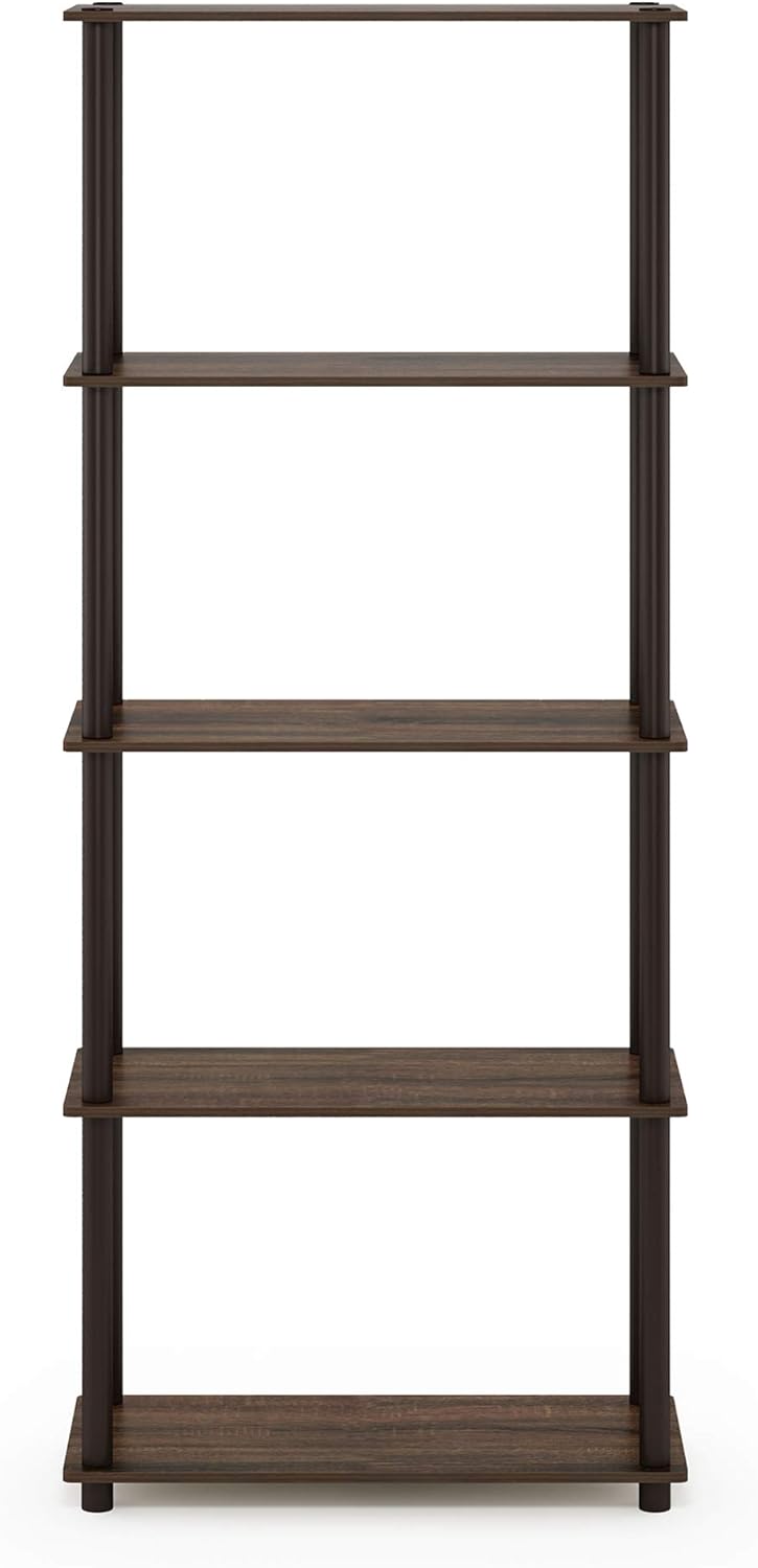 Furinno TURN-N-TUBE Storage Shelves, 5-Tier Book Shelf, Corner Shelf, Toolless Open Shelves, for Organization and Storage, Living Room, Garage, Home Office, Walnut
