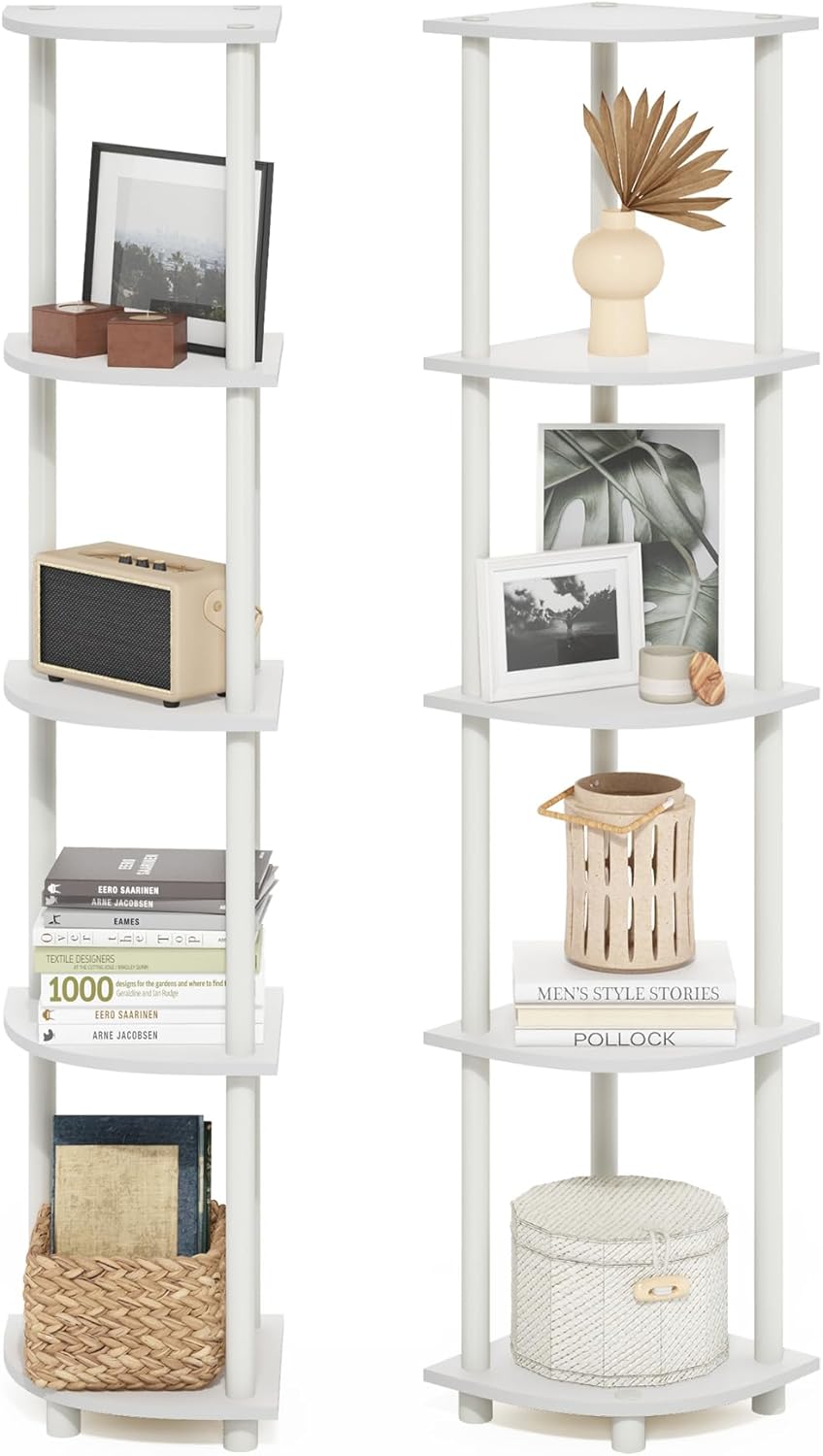 Furinno Turn-N-Tube Corner Shelf Set of 2, 5-Tier Corner Bookshelf, Open Storage Shelves, for Organization and Storage, Living Room, Home Office, Garage, White