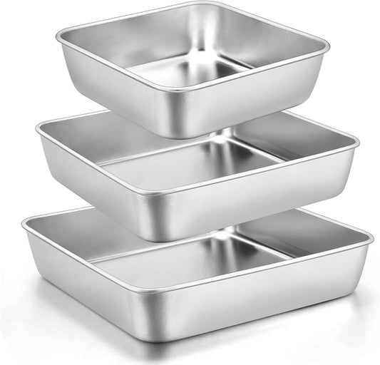 6/8/9-Inch Square Cake Pan Set, E-far Stainless Steel Square Baking Brownie Pans Metal Bakeware Set of 3, Non-toxic & Healthy, Easy Clean & Dishwasher Safe