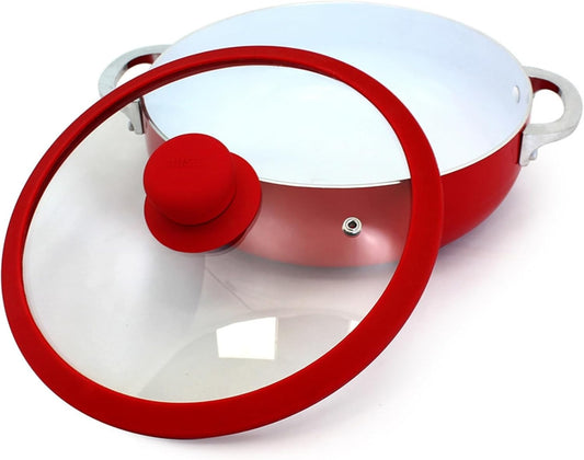 IMUSA 6.9qt Aluminum White Ceramic Caldero with Glass Lid & Silicone Rim, Red
