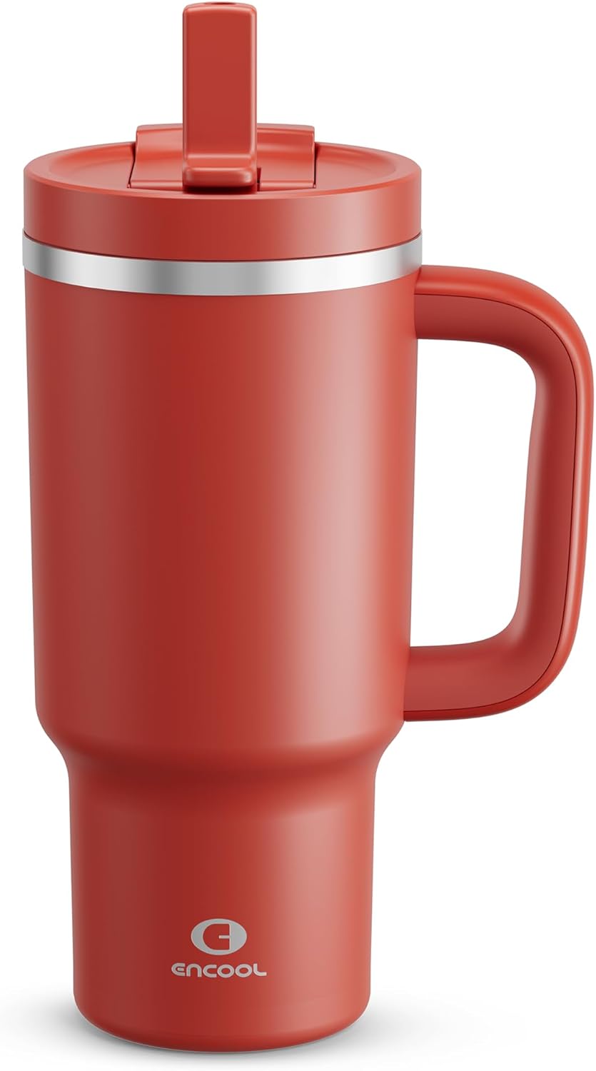 32 oz Tumbler with Handle and Straw: Stainless Steel Insulated Tumbler Keeps Cold for 24 Hours, Leakproof Travel Cup Fits in Cup Holder and BPA-Free,Medium Carmine