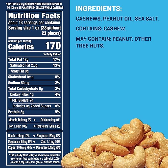 PLANTERS Deluxe Lightly Salted Cashews, Party Snacks, Plant-Based Protein, Quick Snack for Adults, After School Snack, Flavored with Sea Salt, Kosher, 1lb 2.25oz