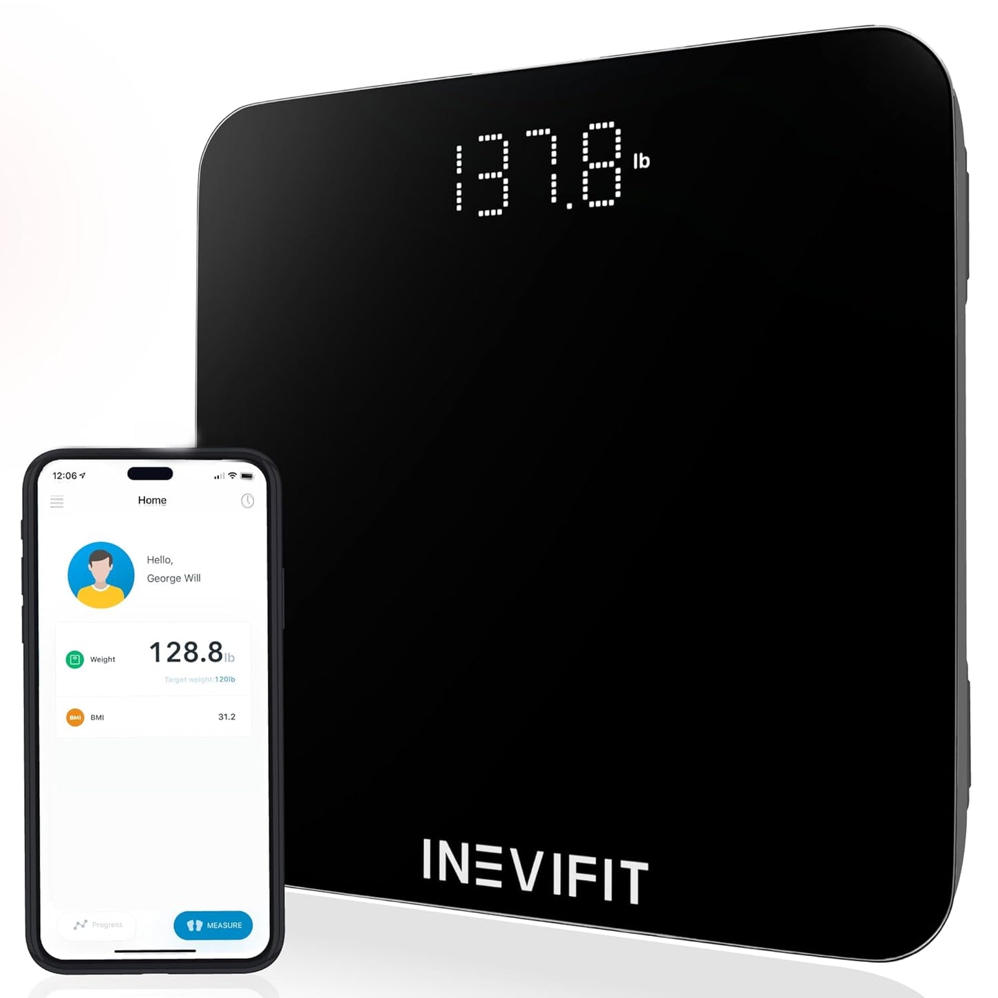INEVIFIT Smart Bathroom Scale, Highly Accurate Bluetooth Digital Bathroom Body Weight Scale, Precisely Measures Weight & BMI for Unlimited Users (S-Black)