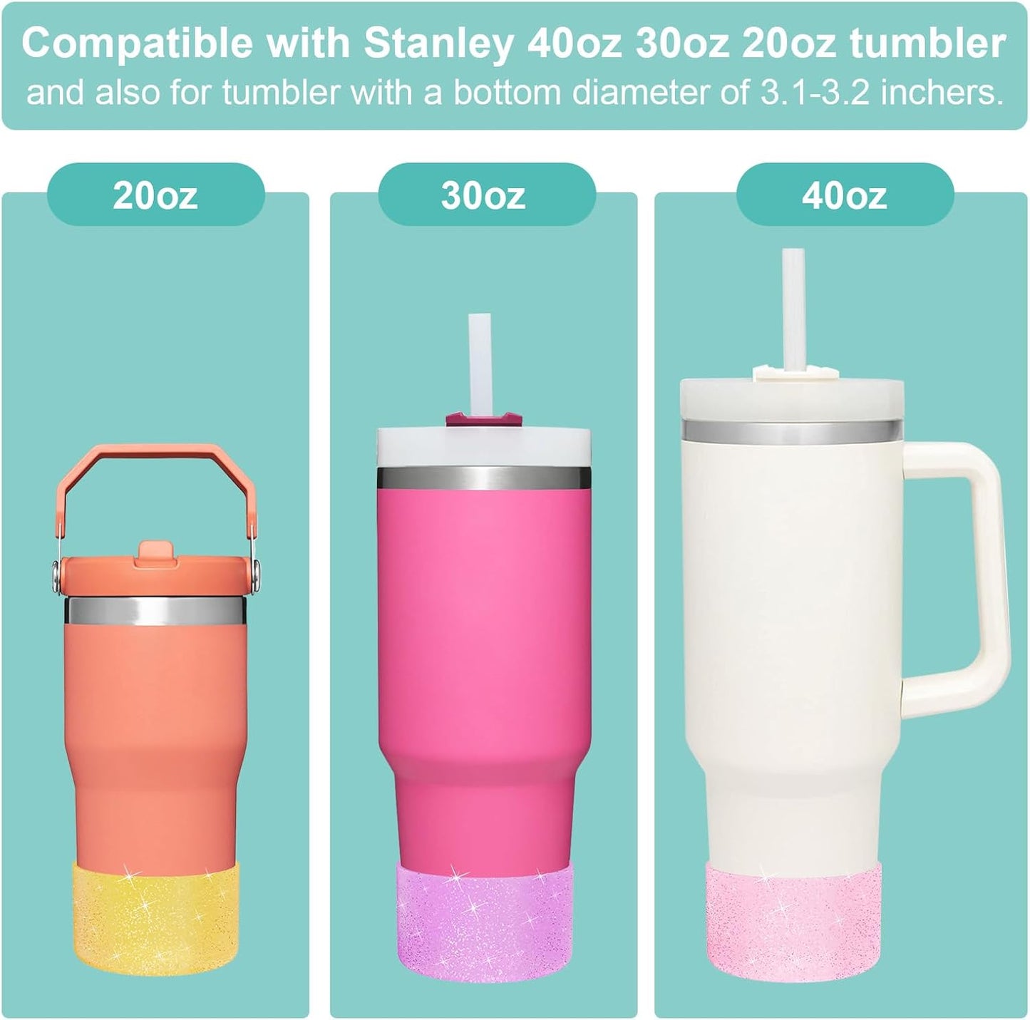 Upgrade 2PCS Protective Silicone Boot Bumper for Stanley Quencher Adventure 40oz 30oz IceFlow 20oz 30oz Tumbler, Water Bottle Bottom Sleeve Cover Accessories for Stanley Mug Cup(Glitter Pink)