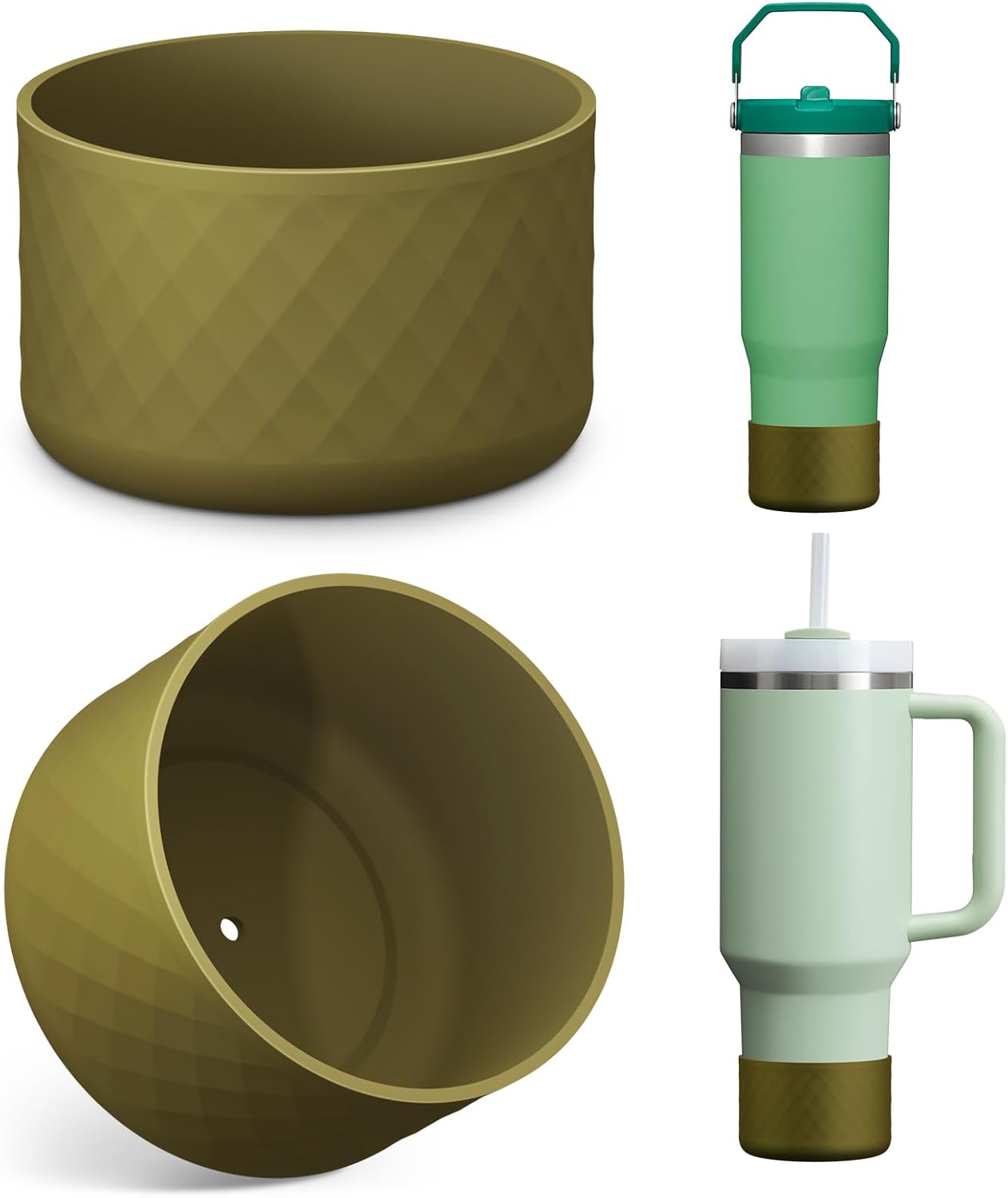 Upgrade 2PCS Protective Silicone Boot Bumper for Stanley Quencher Adventure 40oz 30oz IceFlow 20oz 30oz Tumbler, Water Bottle Bottom Sleeve Cover Accessories for Stanley Mug Cup(Brown Green)