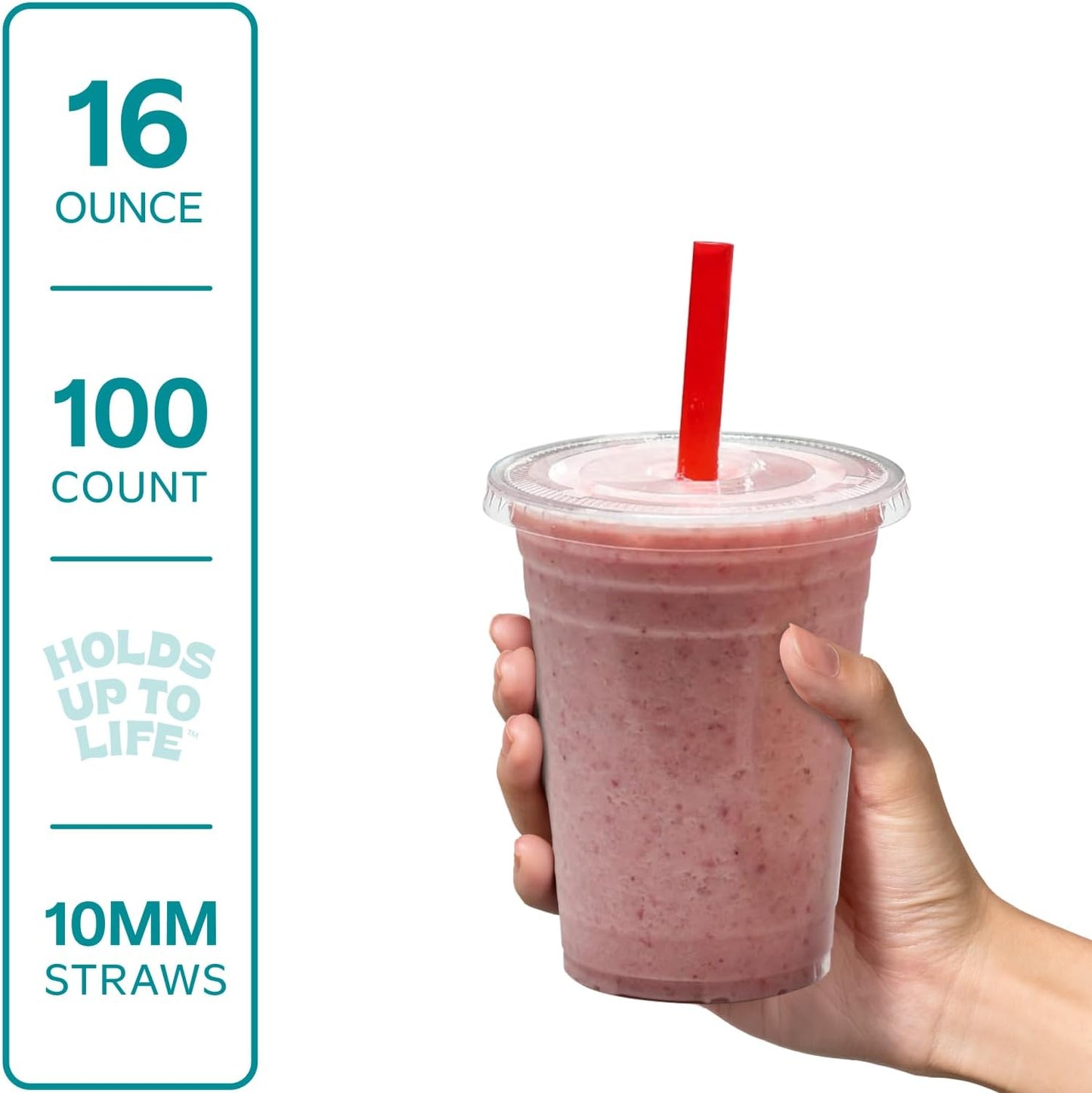 GUSTO [16 oz. - 100 Count Clear Cups with Flat Lids & Straws - Disposable Clear Drinking Cups for Iced Coffee, Cold Drinks, Milkshakes, and Smoothies - Formerly Comfy Package