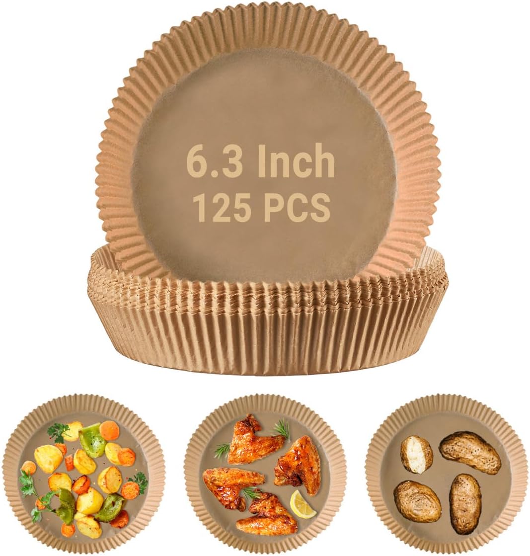 GUSTO [6.3 Inch - 125 Count] Round Air Fryer Liners Disposable – Non-Stick, Oil & Water Resistant Parchment Paper for Easy Cleanup – Fits 2-5 QT Air Fryers, Ovens & More (Formerly Comfy Package)