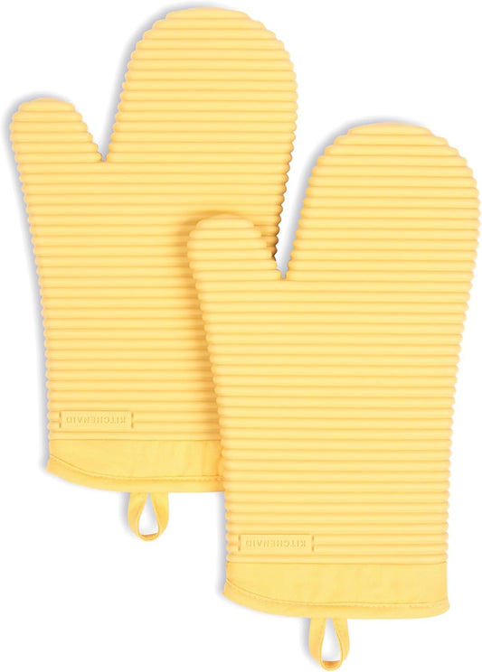 KITCHENAID Ribbed Soft Silicone Oven Mitt 2-Pack Set, 7.5"x13", Butter Yellow
