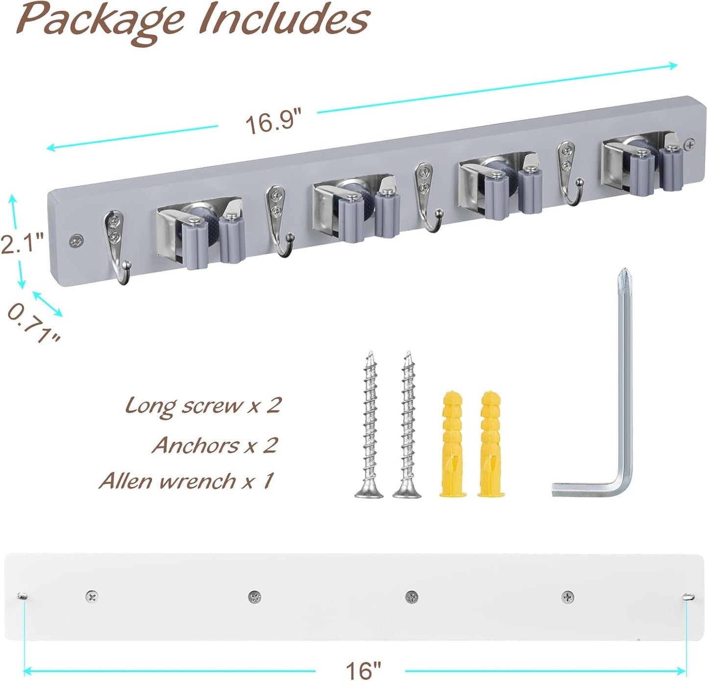 Gray Mop Broom Holder Wall Mount with 4 Slots & 4 Hooks - Wood Broom Mop Hanger for Pantry Closet Laundry Room Organization - Heavy Duty Garden Tool Organizer