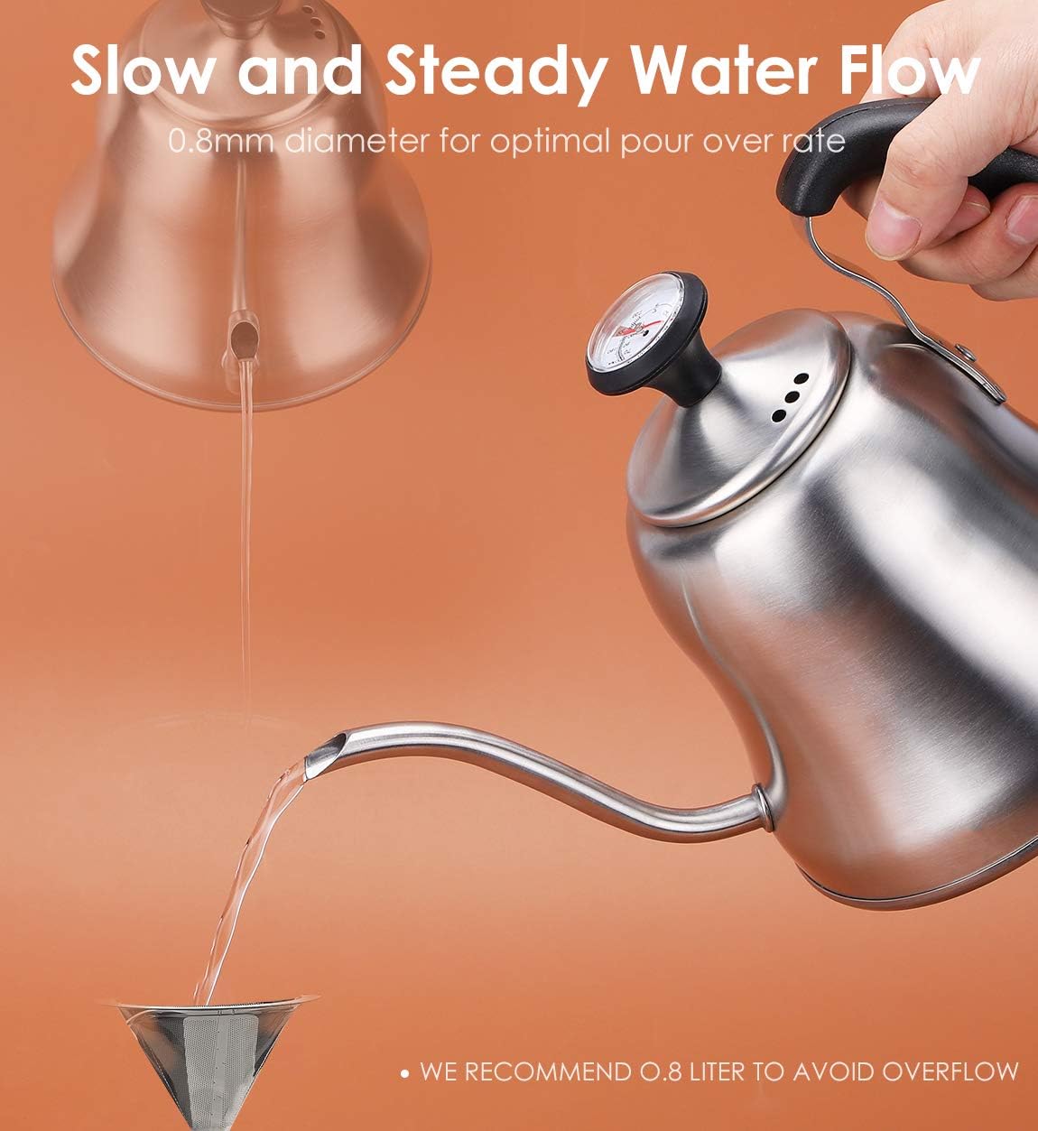 Tea Kettle with Thermometer for Stove Top Gooseneck Kettle, Pour Over Coffee Tea Pot, Goose Neck Tea Pot Stovetop, Hot Water Heater for Camping, Home & Kitchen, Stainless Steel - Small 28oz