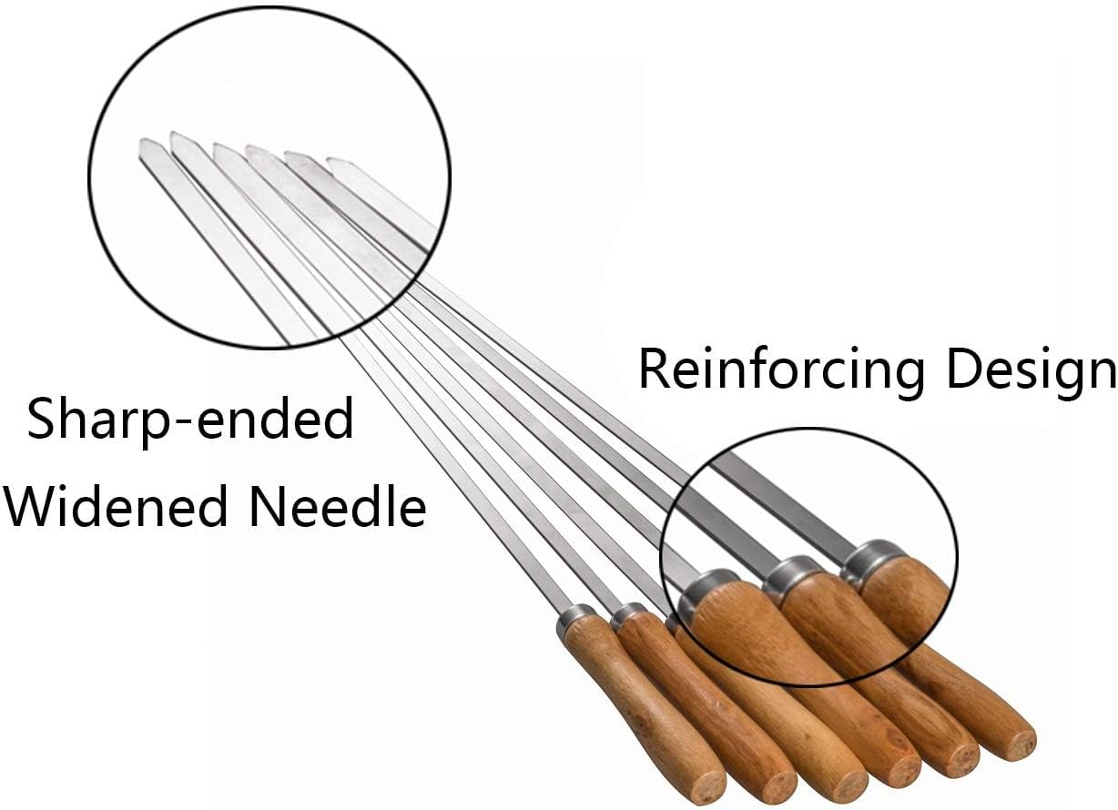 IMEEA Flat Skewers for Kabobs Stainless Steel Kebab Skewers for Grilling 16.5 Inch Barbecue Skewers with Nonslip Wooden Handle, Set of 6