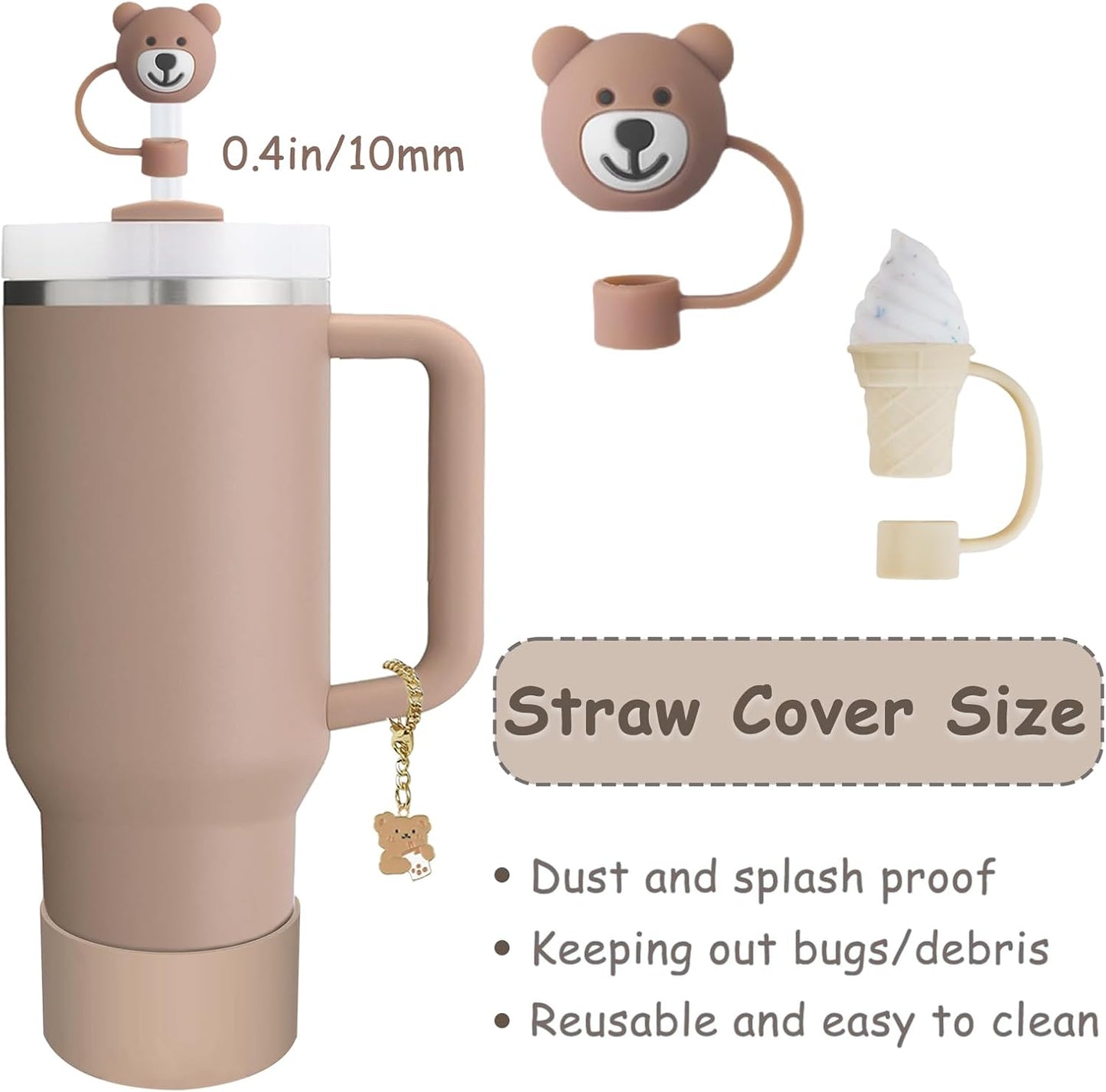 Stanley Cup Accessories Set,Including 2 Pcs 0.4in Straw Cover, 1 Silicone Spill-Proof Stopper Set of 3, 1 Cute Bear Handle Charm, 1 Silicone Boot Fits Stanley 40&30 Oz Tumbler (Almond Rose)