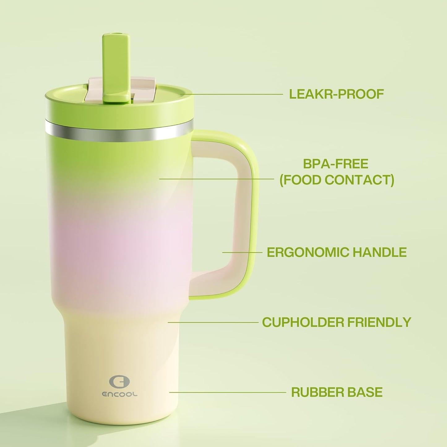 ENCOOL 32 oz Tumbler with Handle and Straw: Stainless Steel Insulated Tumbler Keeps Cold for 24 Hours, Leakproof Travel Cup Fits in Cup Holder and BPA-Free, Morning Dew