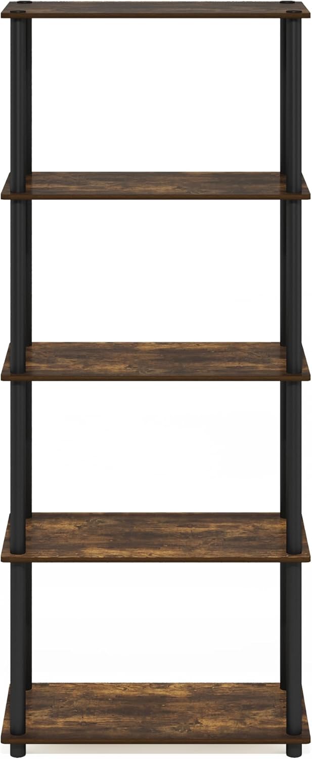 Furinno TURN-N-TUBE Storage Shelves, 5-Tier Book Shelf, Corner Shelf, Toolless Open Shelves, for Organization and Storage, Living Room, Garage, Home Office, Amber Pine