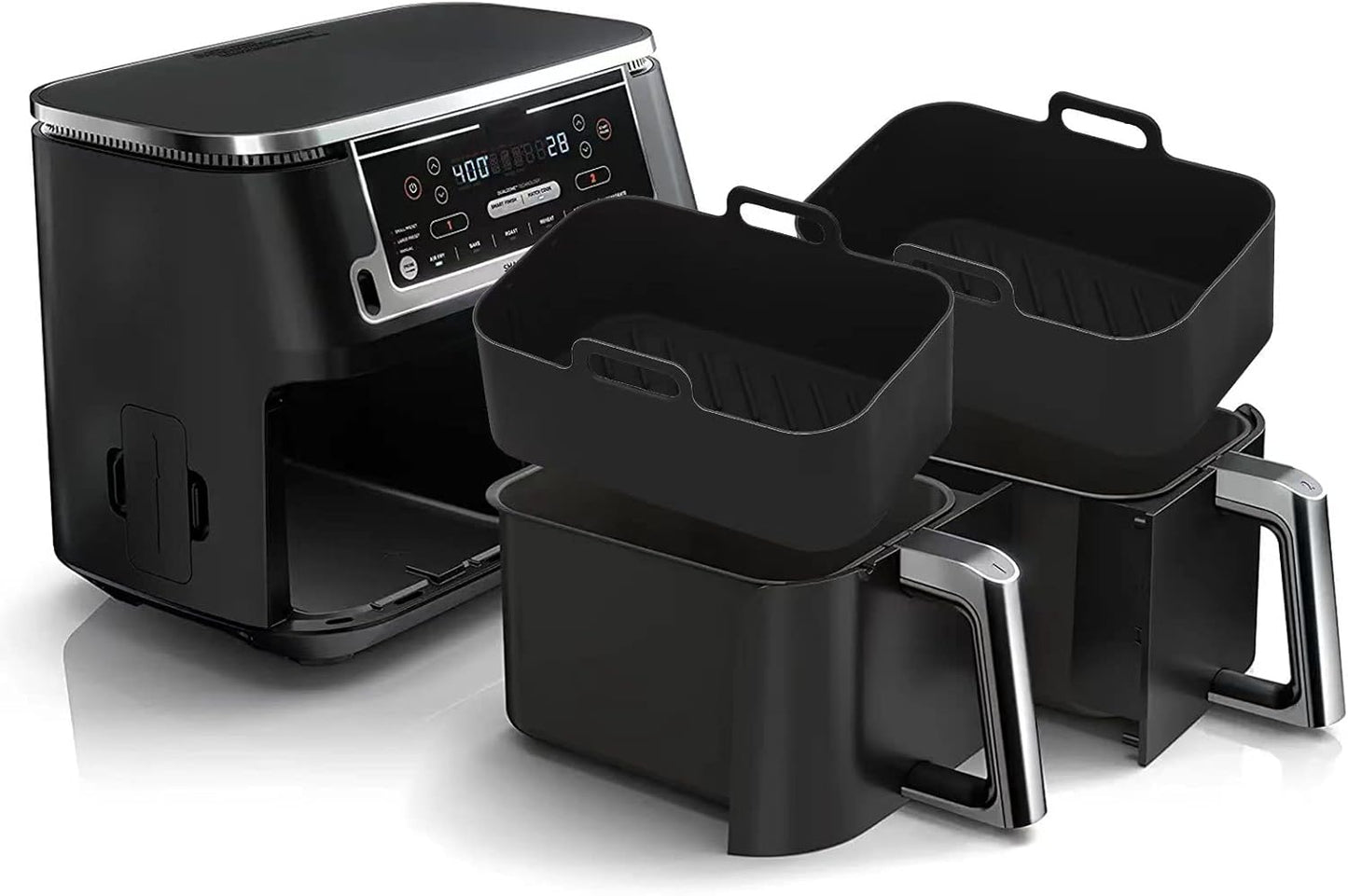 2Pcs Air Fryer Silicone Liners Rectangular for Ninja Foodi Dual DZ201 8QT/DZ090 6QT, MMH Reusable Non Stick Airfryer Dual Basket Accessories for Chefman 6QT/Instant Vortex Plus XL 8QT, Black