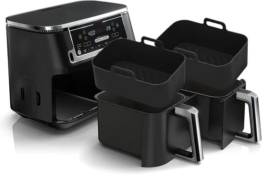2Pcs Air Fryer Silicone Liners Rectangular for Ninja Foodi Dual DZ201 8QT/DZ090 6QT, MMH Reusable Non Stick Airfryer Dual Basket Accessories for Chefman 6QT/Instant Vortex Plus XL 8QT, Black