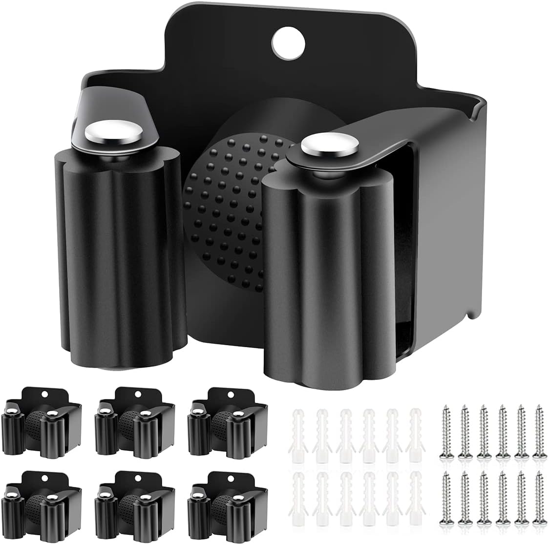 Verdenu 6 Pack Broom Holder, Stainless Steel Command Broom Holder with Screws, Garden Tool Rack for Kitchen, Home, Bathroom, Garage Storage, Black