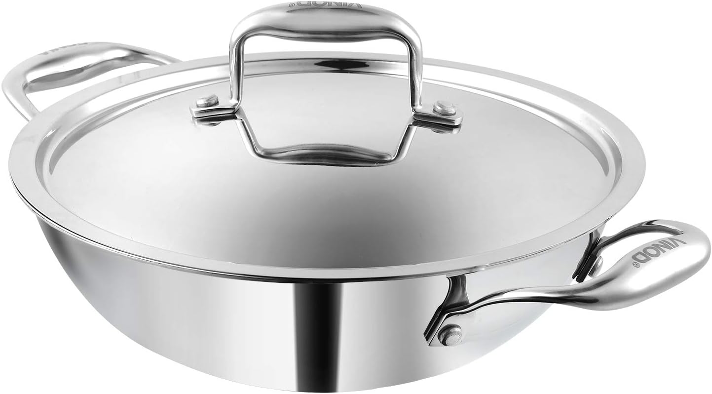 Vinod Platinum Triply Stainless Steel Kadai with Lid | Size: 28CM - 3.7L