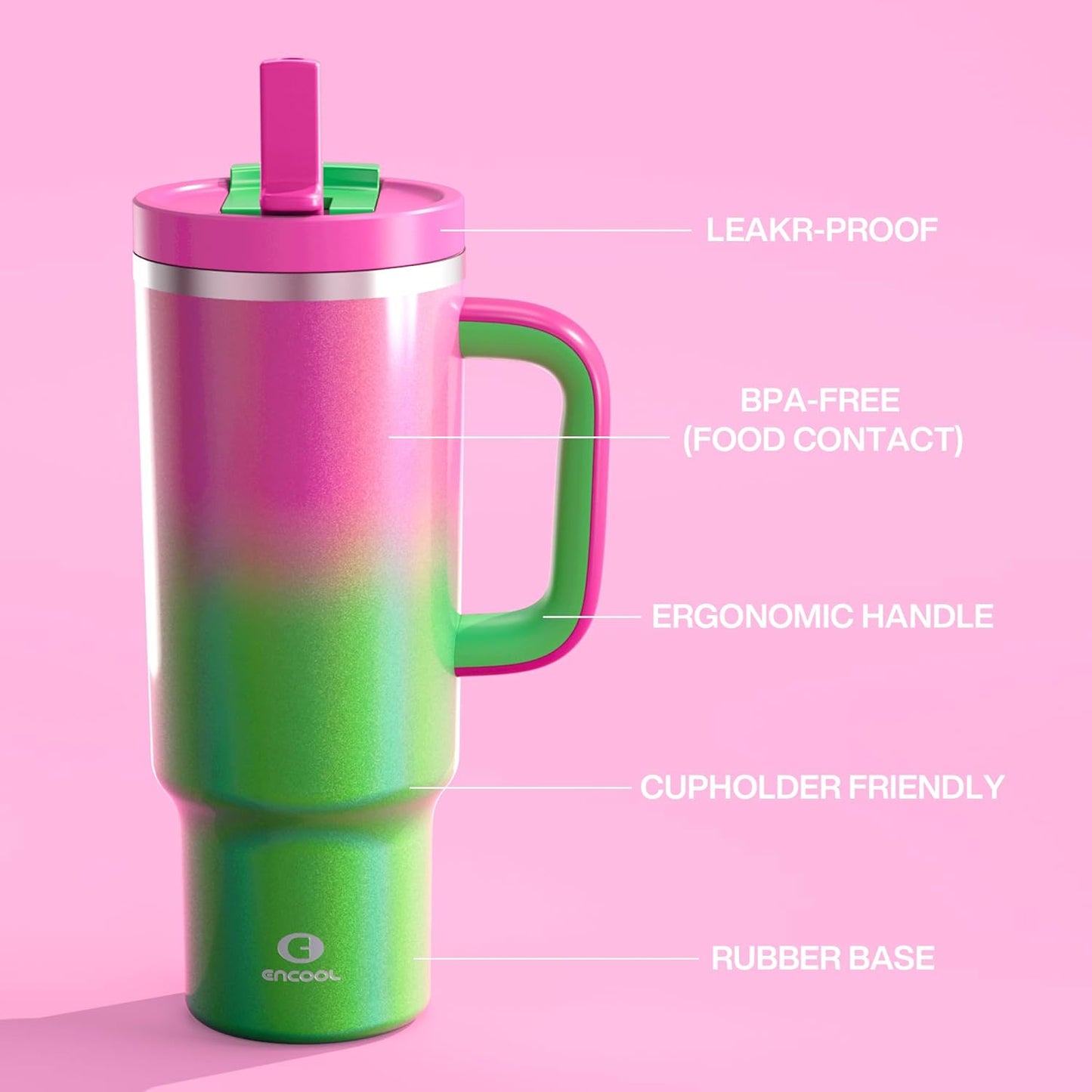 40 oz Tumbler with Handle and Straw: Stainless Steel Insulated Tumbler Keeps Cold for 24 Hours, Leakproof Travel Cup Fits in Cup Holder and BPA-Free, Fuchsia