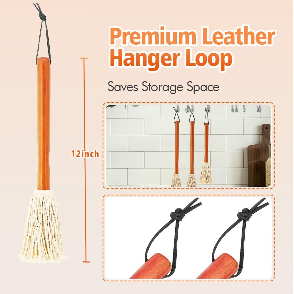 12" BBQ Sauce Basting Mops & Brushes for Roasting or Grilling, Apply Barbeque, Marinade or Glazing, Cotton Fiber Head and Hardwood Handle, Dish Mop Style, Perfect for Cooking or Cleaning - Pack of 3
