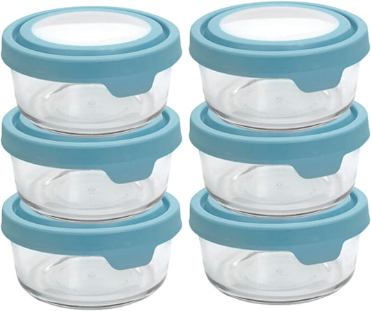 Anchor Hocking 2 Cup Glass Storage Containers with Lids, Set of 6 Glass Food Storage Containers with Mineral Blue TrueSeal Lids