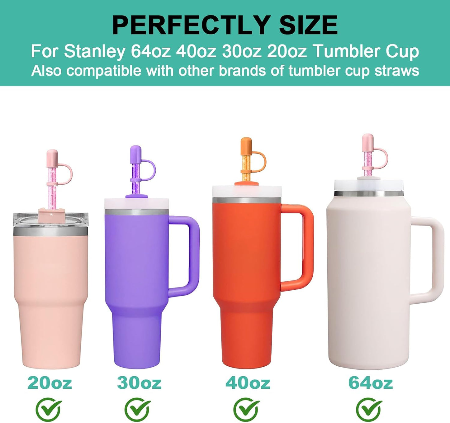 6 Color Replacement Straws with Cover Caps for Stanley Cup 40 oz 30 oz 20 oz 14 oz 64 oz Tumbler, Reusable Drinking Straws with Topper, Stopper, Cleaning Brush for Stanley Cup Accessorie