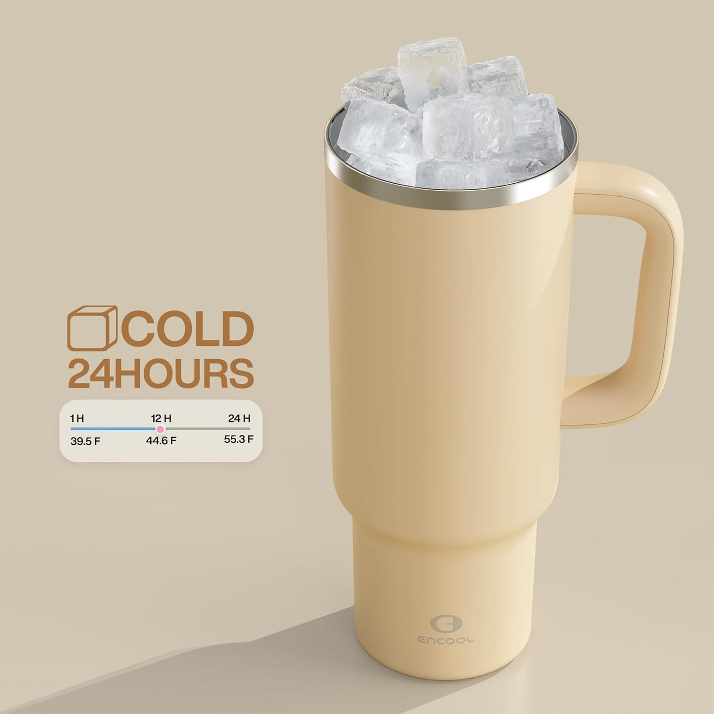 ENCOOL 40 oz Tumbler with Handle and Straw: Stainless Steel Insulated Tumbler Keeps Cold for 24 Hours, Leakproof Travel Cup Fits in Cup Holder and BPA-Free, Indian Khaki