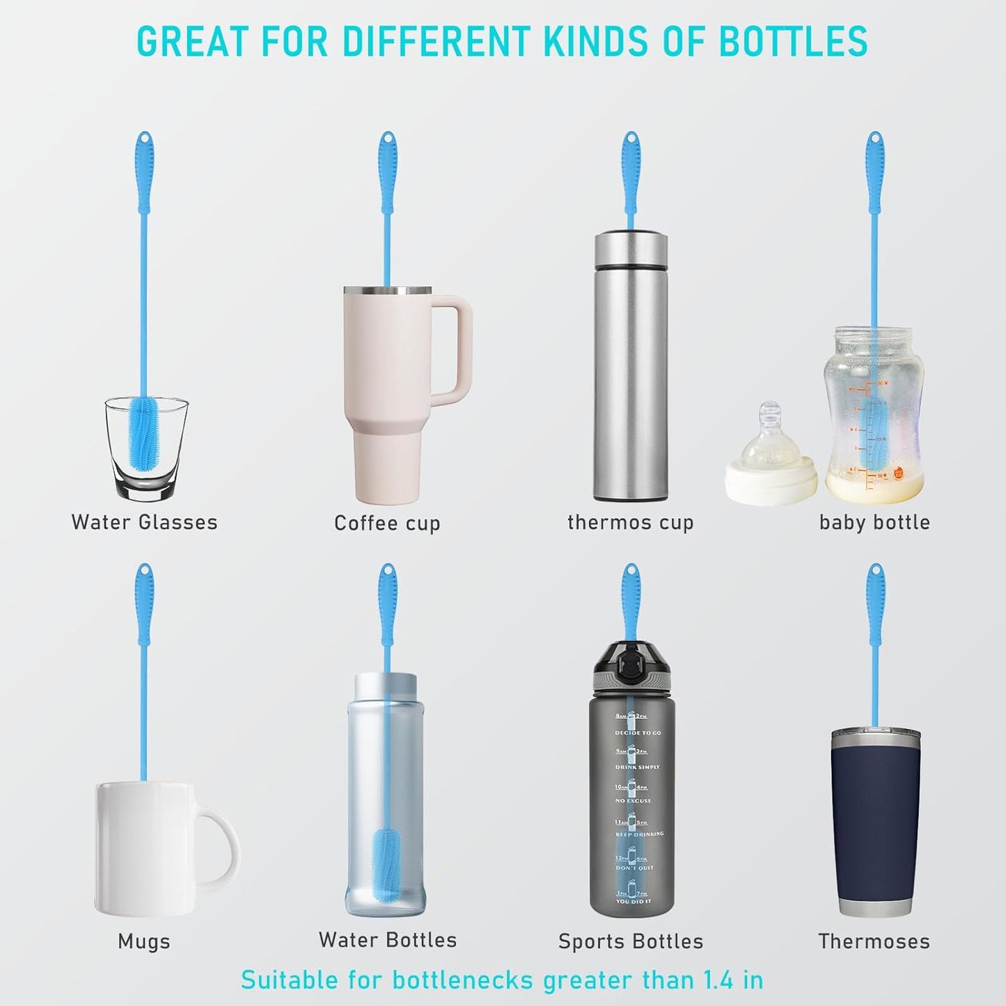15.7" Silicone Bottle Brush, ddLUCK Water Bottle Cleaner Brush for Stanley, Hydroflasks, Glass, Thermos Sports Bottle, Vase and Glassware, Bottle Brush Cleaner for Small Narrow Neck Containers (Blue)