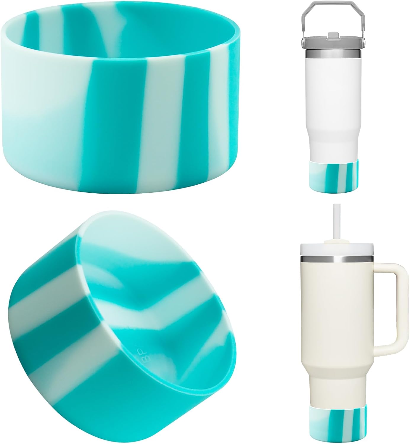 Upgrade 2PCS Protective Silicone Boot Bumper for Stanley Quencher Adventure 40oz 30oz IceFlow 20oz 30oz Tumbler, Water Bottle Bottom Sleeve Cover Accessories for Stanley Mug Cup(Cyan+White)