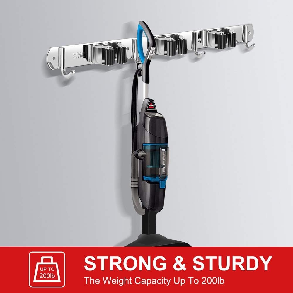 IMILLET Broom Holder Wall Mounted, Stainless Steel Broom and Mop Holder Self Adhesive Broom Organizer Heavy Duty Hooks Storage Organizer for Home Laundry Room Garden Garage Closet Kitchen (1 Pack)