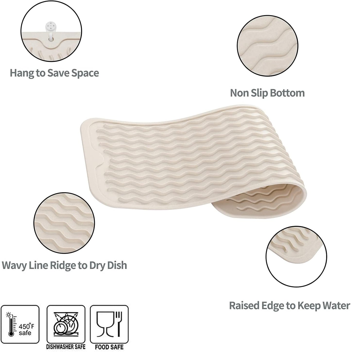 Silicone Dish Drying Mat for Multiple Usage,Easy clean,Eco-friendly,Heat-resistant Silicone Mat for Kitchen Counter,Sink,Bar,Bottle,or Cup Tapioca M 17 inches x 6 inches