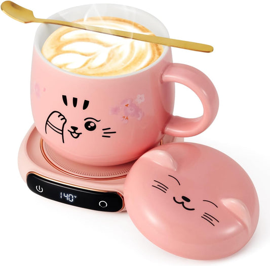 Bsigo Electric LED Display Smart Coffee Mug Warmer & Cute Cat Mug Set, Beverage Cup Warmer for Desk, Warmer Plate for Milk Tea with 3-Temperature Settings (Up to 140℉/60℃), 8 Hour Auto Shut Off, Pink