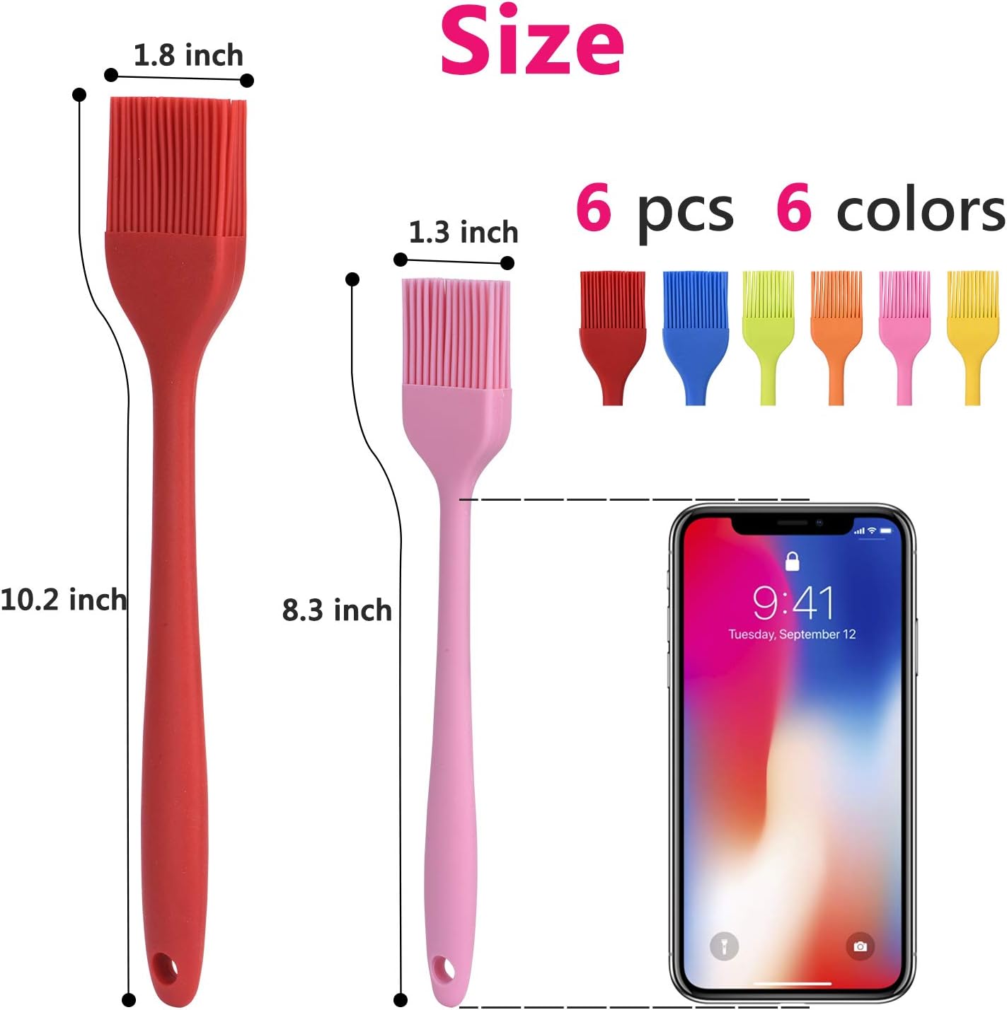 Hhyn Silicone Basting Brush Set 6 Pack Heat Resistant Pastry Brushes Spread Oil Butter Sauce for BBQ Grill Barbeque Kitchen Baking Cooking Pastries, 2 Large & 4 Small