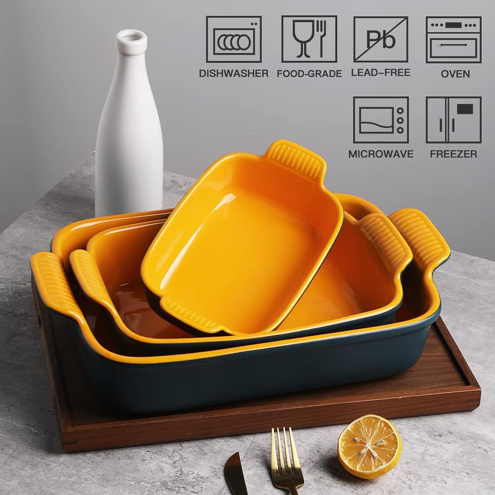 Sweejar Baking Pans Set, Ceramic 9x13 Baking Dish with Handle, Rectangular Casserole Dishes for Oven, Bakeware Sets of 3, Durable Lasagna Pan Deep for Kitchen, Banquet, Wedding Gift(Blue & Yellow)