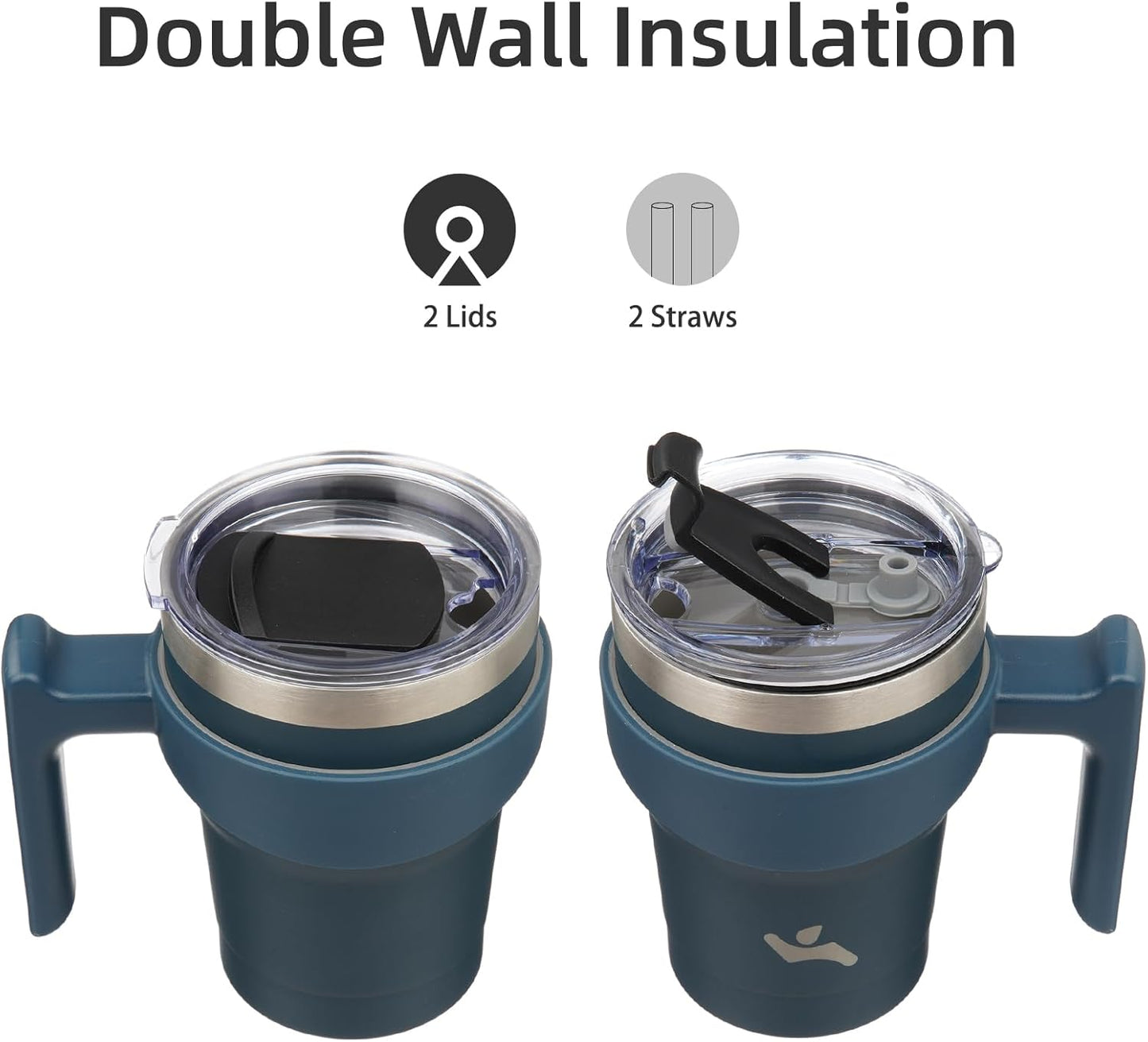 10 oz Tumbler with Handle and 2 Straw 2 Lid, Insulated Water Bottle Stainless Steel Vacuum Cup Reusable Travel Mug, Navy Blue