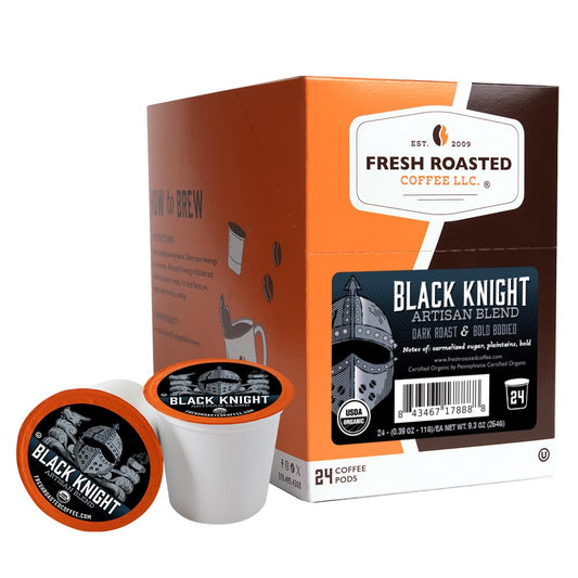 Fresh Roasted Coffee, Organic Black Knight | USDA Organic, Kosher | Dark Roast 24 Pods for K Cup Brewers