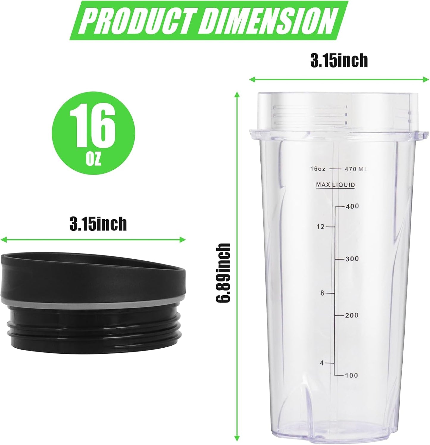 Upgrade 2 Pack 16oz QB3001SS Replacement Cups Compatible with Ninja Fit Compact Personal Blender, Replacement for Ninja Blender Cups with Scale and Sealing Cap…