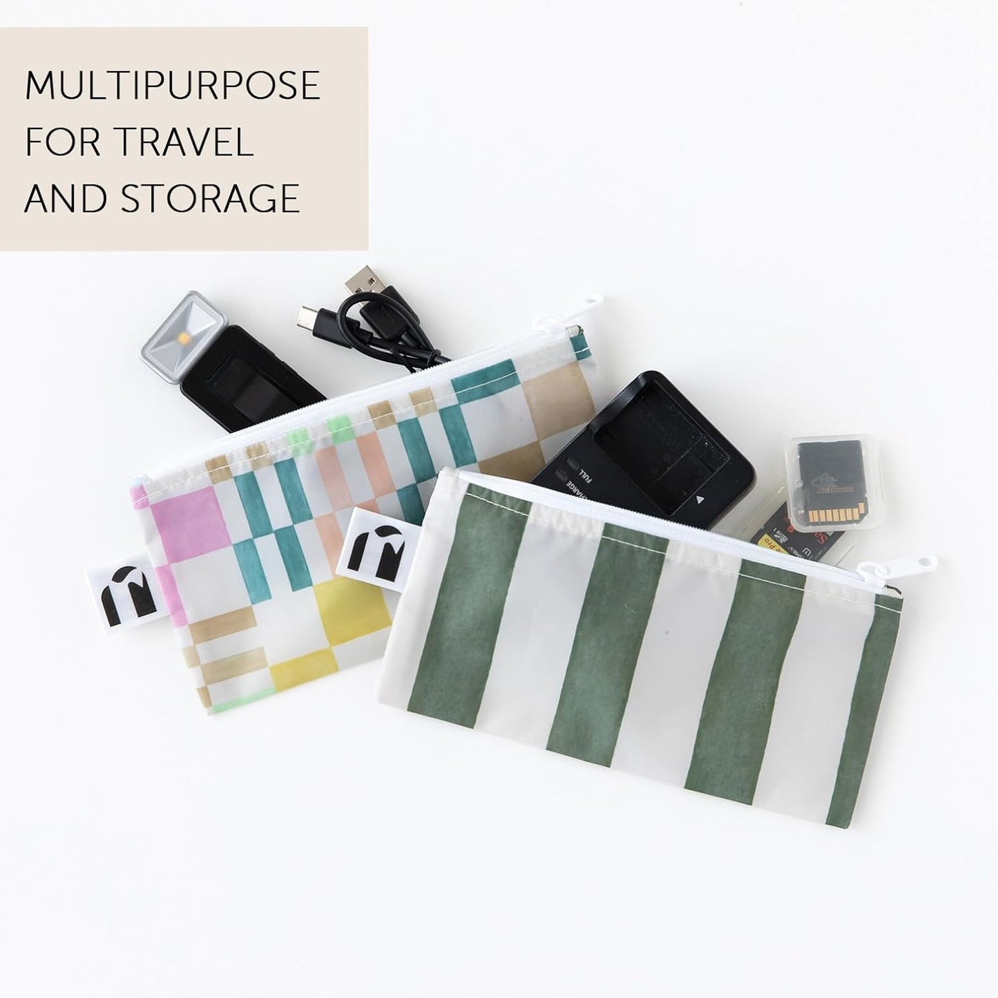 Roamio Reusable Snack Bags, for Kids School Lunch and for Adults Portion, Washable Fabric, Waterproof Cloth Zip Bag, Supplies Pack Travel Pouch, Food-Safe Storage, 2-pk Green Stripe and Multi Check