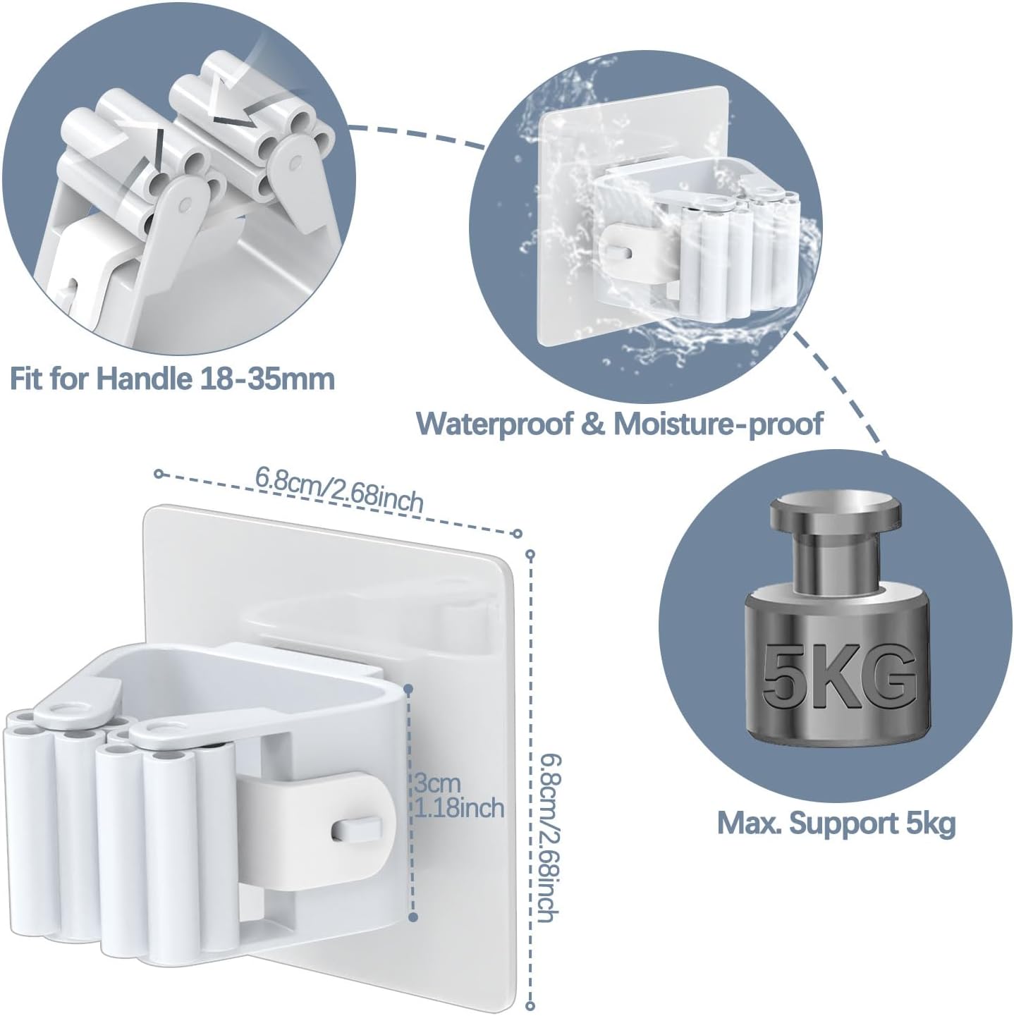 3-H 24-Pack Self Adhesive Broom Holder Wall Mount - Heavy Duty No Drill Broom Organizer for Garage Closet Kitchen, Plastic Storage Rack for Brooms Mops Tools, Peel and Stick Adhesive, White