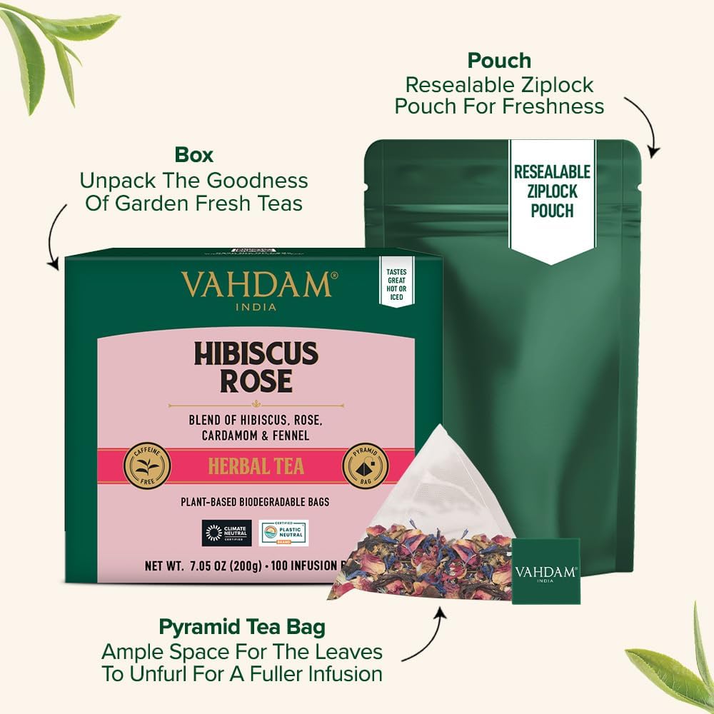 VAHDAM, Hibiscus Rose Tea Bags - 100% Whole Hibiscus Flowers Herbal Tea Bags (100 Count) With Rose, Chamomile & Exotic Spices | Caffeine Free, Floral Flavor Tisane | Resealable Ziplock Pouch