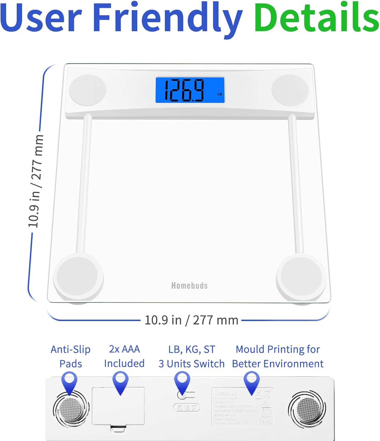 Homebuds Digital Bathroom Scale for Body Weight, High Precision Assured by Weight Scale Professional Factory SINCE 2001, Blue Backlit LCD and Step-On, 2*AAA Batteries Included, 400lb/182kg Clear Glass