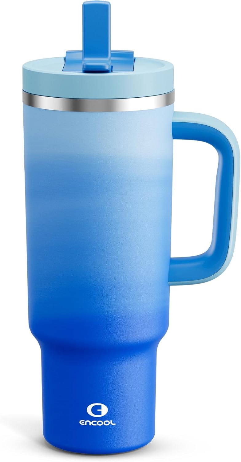 40 oz Tumbler with Handle and Straw: Stainless Steel Insulated Tumbler Keeps Cold for 24 Hours, Leakproof Travel Cup Fits in Cup Holder and BPA-Free, Sea