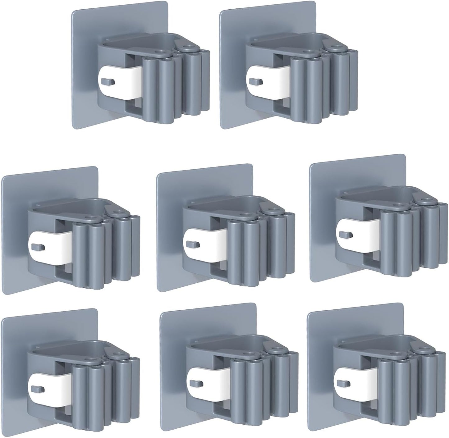 3-H 8-Pack Self Adhesive Broom Holder Wall Mount - Heavy Duty No Drill Broom Organizer for Garage Closet Kitchen, Plastic Storage Rack for Brooms Mops Tools, Peel and Stick Adhesive