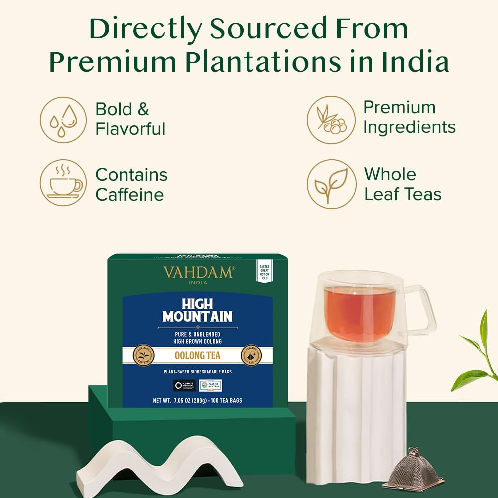 VAHDAM, High Mountain Oolong Tea Bags (100 Count) Non GMO, Gluten Free | High Grown Oolong Tea Leaves - Light & Floral | Resealable Ziplock Pouch