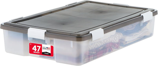 IRIS USA WeatherPro Underbed 47 Qt Storage Bins with Lids, 1 Pack, BPA-Free Plastic Gasket Box with Tight Latch and Seal, Stackable Nestable Underbed Tote Tub - Gray/Clear
