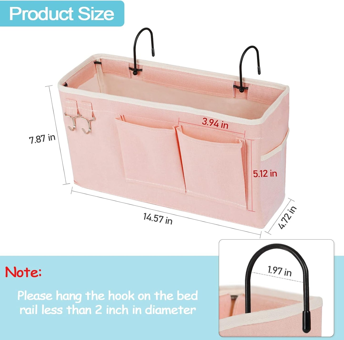 Loghot Bedside Caddy/Bedside Storage Bag Hanging Organizer for Bunk and Hospital Beds,Dorm Rooms Bed Rails,Can be Placed Glasses,Books,Mobile Phones,Keys (2pc Pink)