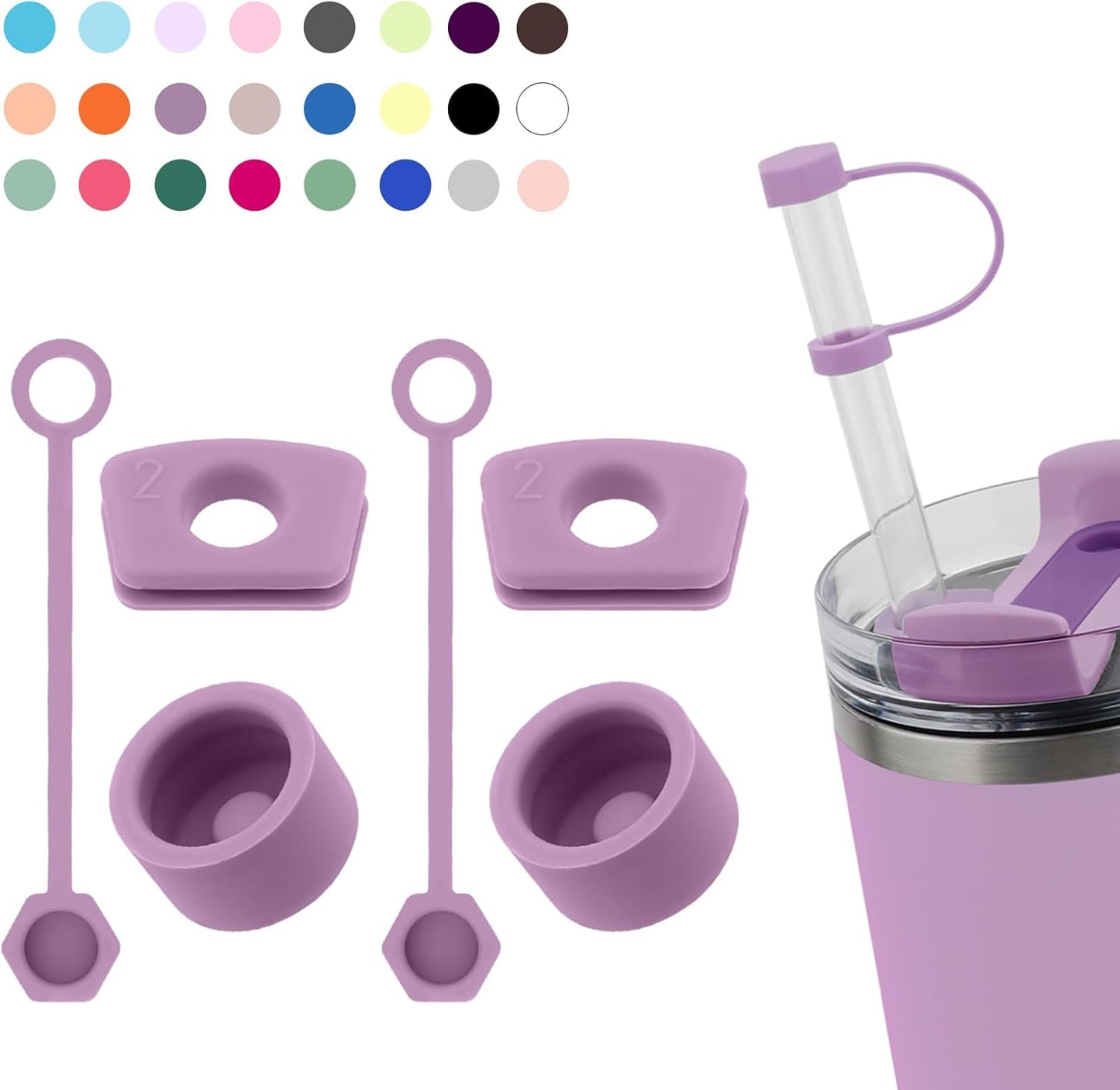 Silicone Spill Stopper Set Compatible with Stanley Cup 2.0 30oz & 40oz with Straw Cover (Set of 2, Lilac)